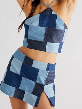 Amanda Uprichard Dale Skort Women’s M Denim Quilted Patchwork Festival Y2K